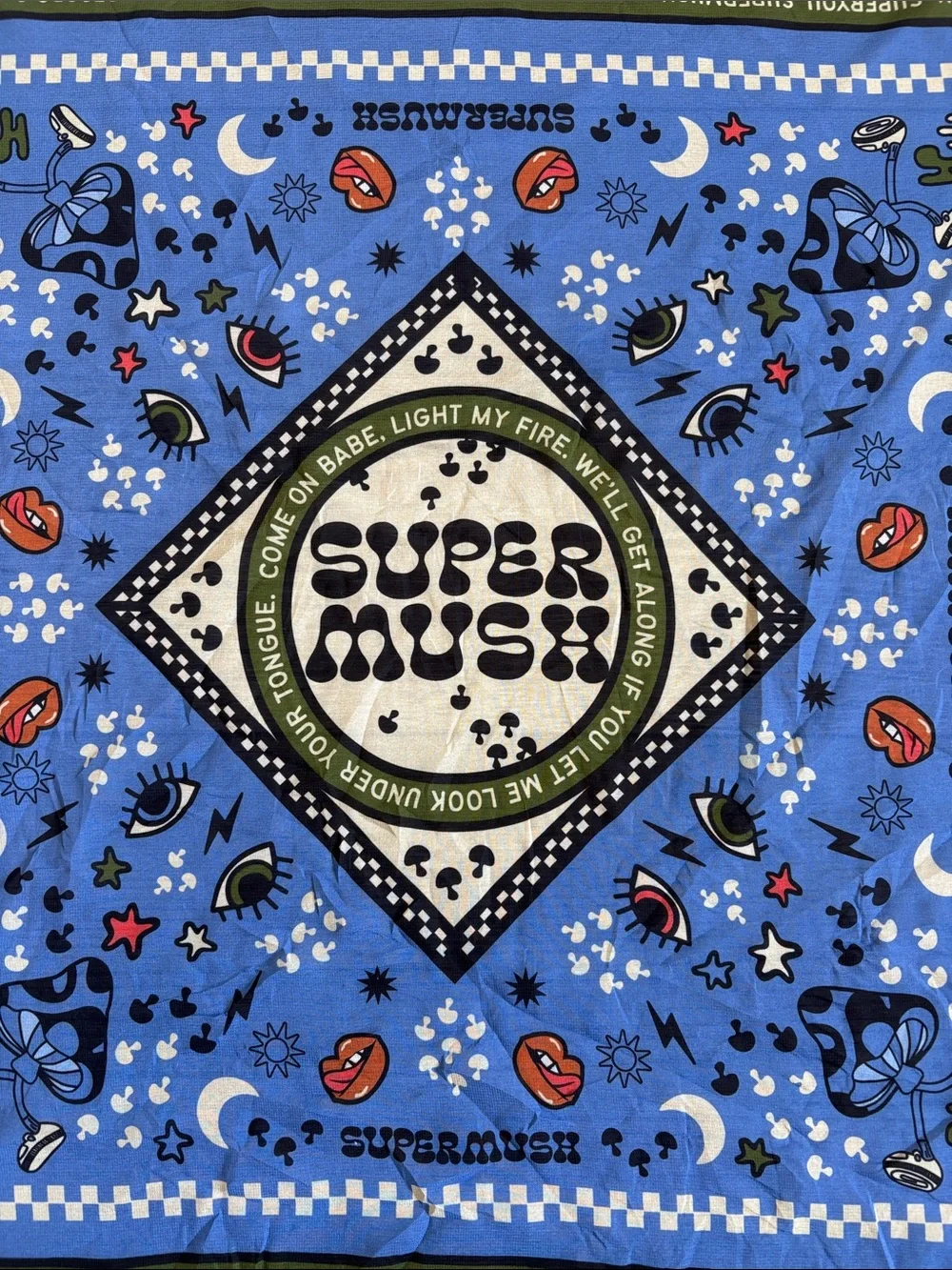 Supermush SuperYou Graphic Bandana Scarf Mushrooms Lips Eyes Moon & Star Print